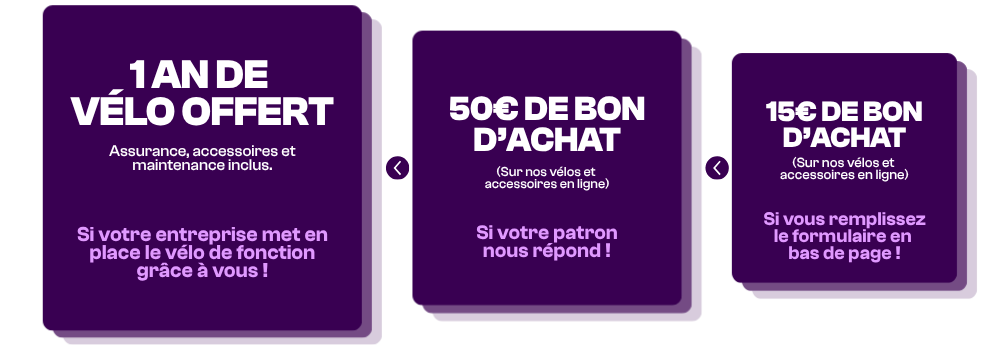 Récompenses de l'offre de rentrée : 15 € de bon d'achat si vous remplissez le formulaire, 50 € de bon d'achat si votre patron nous répond, 1 an de vélo offert si votre entreprise met en place le vélo de fonction grâce à vous